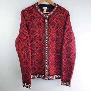LL Bean Womens Medium Cardigan Sweater Red Nordic
